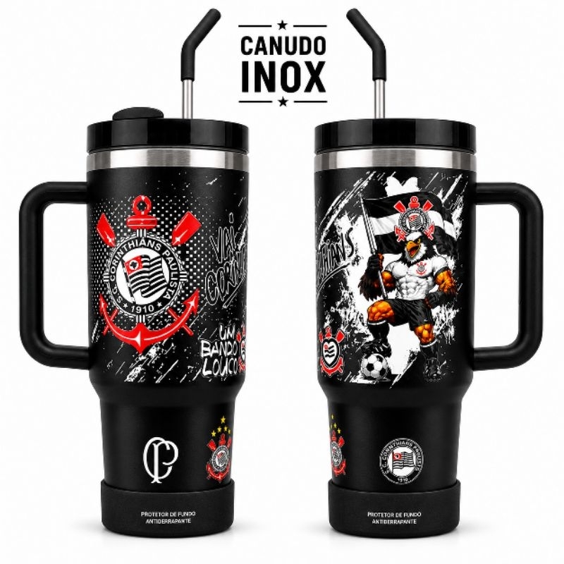 Copo Térmico 1200ml com Tampa e Canudo Inox | Estampa Personalizada torcida Corinthians Timão preto e branco