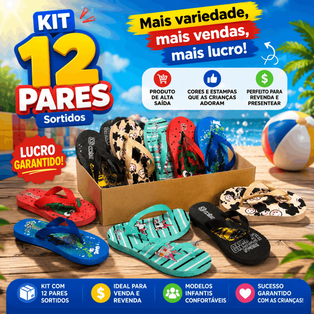 Chinelo Infantil Barato Collab Menino/Menina 12 Pares Cores Sortidas