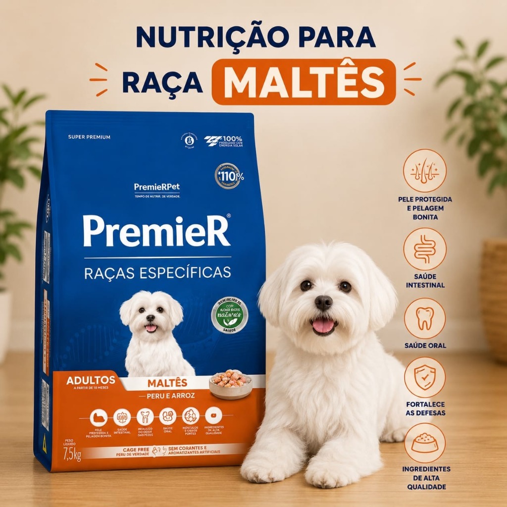Ração Premier Maltês 7,5kg Raças Específicas Adultos Sabor Peru e Arroz com biotina e ômegas 3 e 6