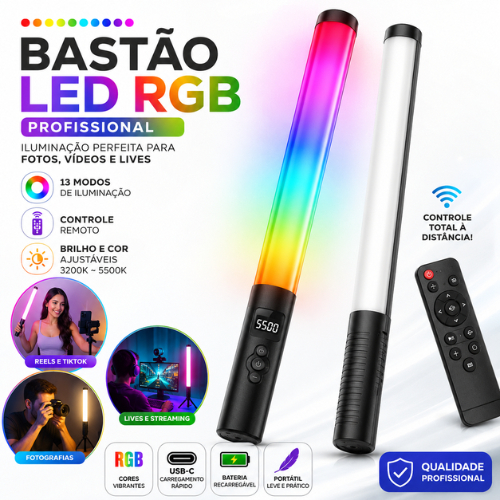 Bastão Luz LED RGB Profissional Iluminação Foto Vídeo Estúdio Controle Remoto USB C Recarregável 13 Modos