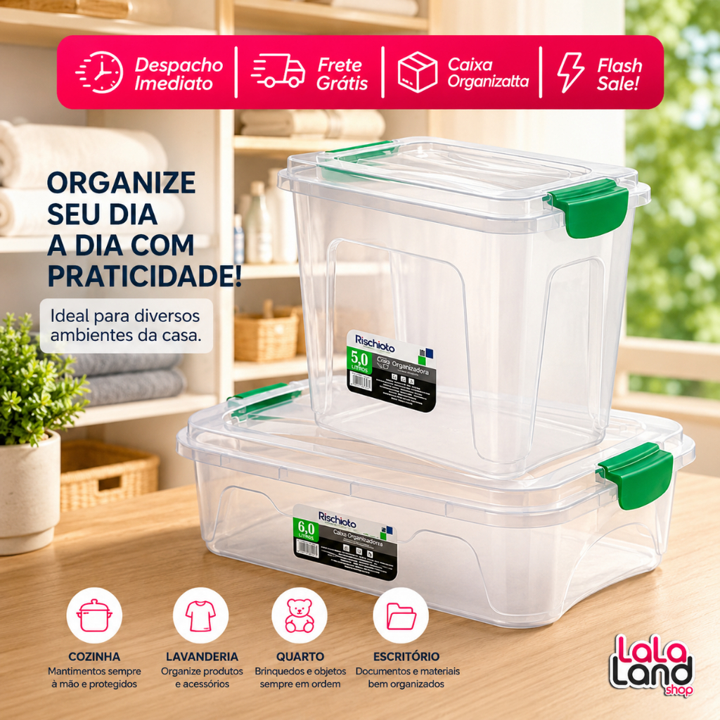 Caixa Organizadora Transparente 5 e 6 Litros Com Tampa Trava Verde Plástica Multiuso Mantimentos Cozinha Quarto Banheiro