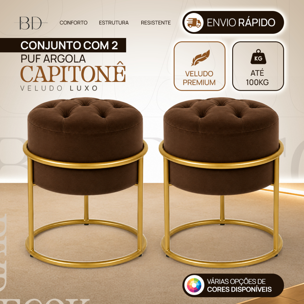 Conjunto 2 Puff Argola Capetone Redondo Penteadeira Banqueta Decorativo Varias Cores Luxo