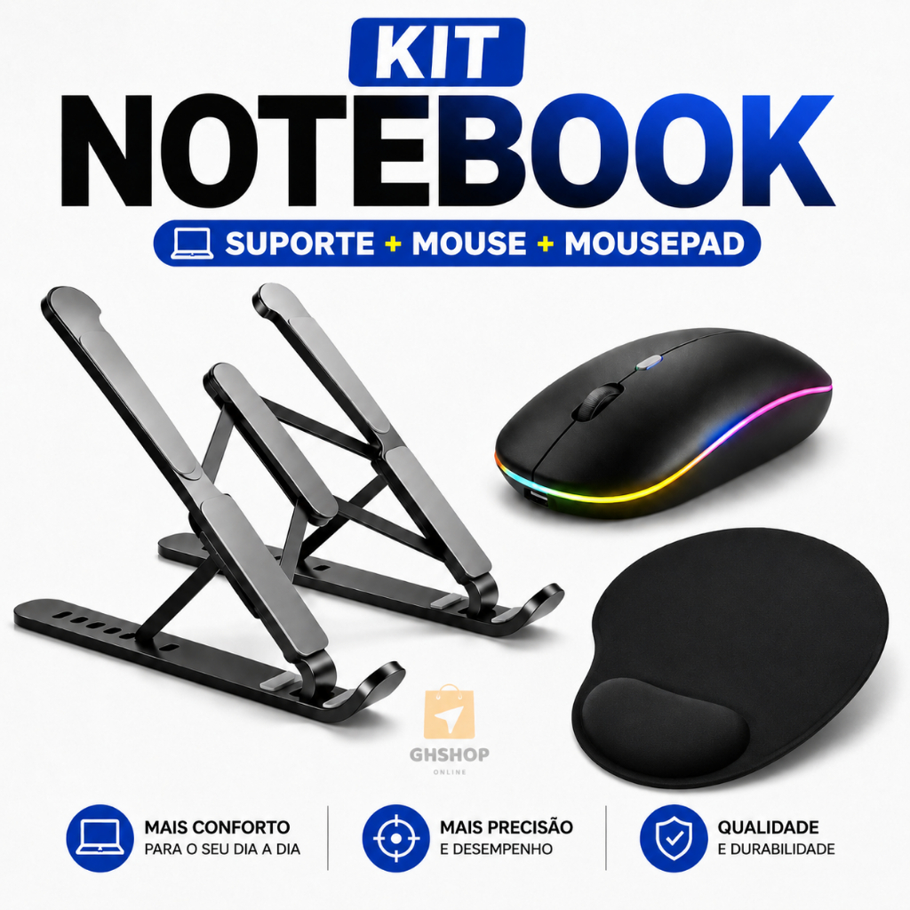 Kit Suporte de Notebook+Mouse Sem Fio+Mouse Pad Apoio Punho