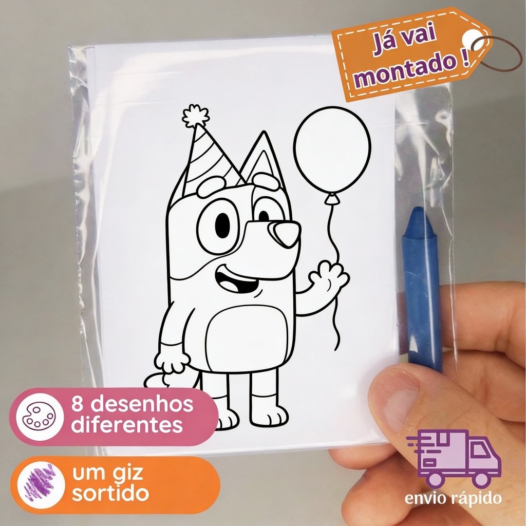 KIT com 8 desenhos mini de colorir pintar lembrancinha aniversário bluey e bingo aniversário