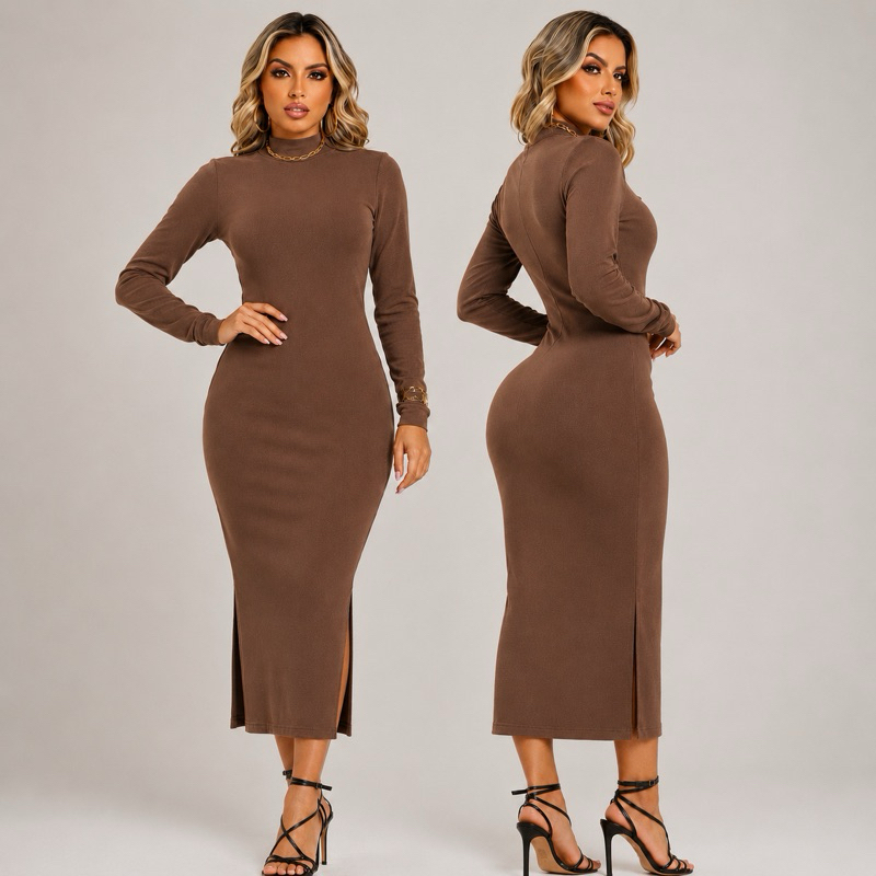 Vestido Longo Canelado Ribaninha Premium com Gola Alta e fenda – Elegância & Conforto inverno frio