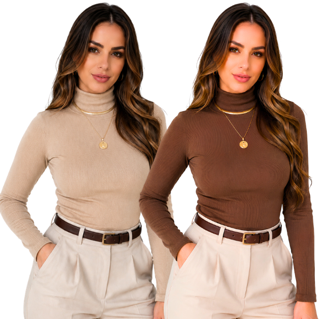 KIT 2 Blusa Feminina Manga Longa Cacharrel Confortável Básico Gola Alta