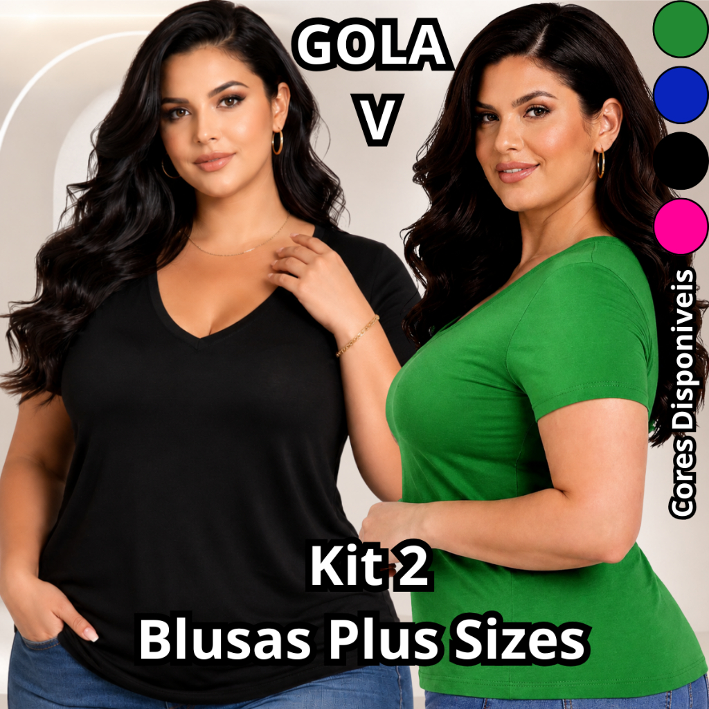 Kit 2 Blusas Feminina Plus Size Manga Curta Viscolycra Gola V Basica Casual e Elegante G1 ao G4