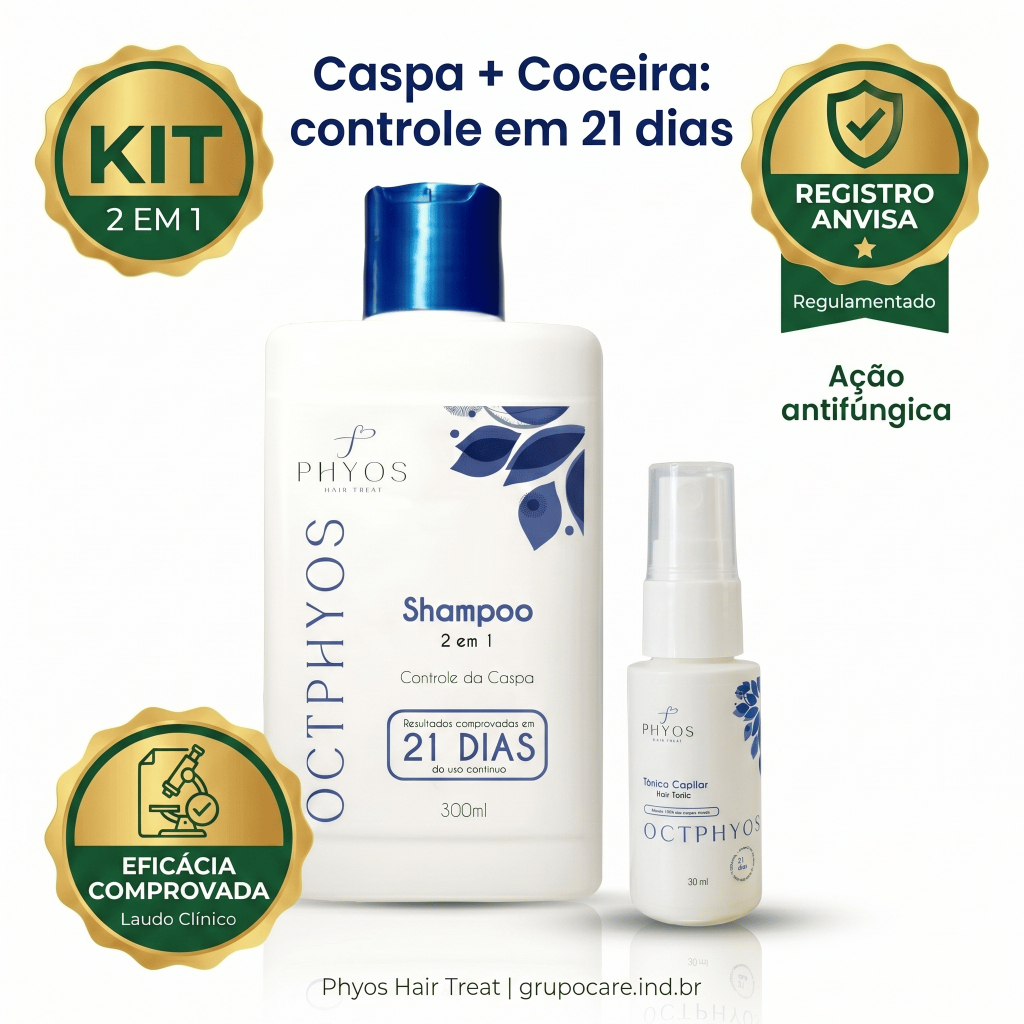 Shampoo Anticaspa 300ml + Tônico Kit Anti Caspa Coceira Descamação Couro Cabeludo 21 Dias Phyos
