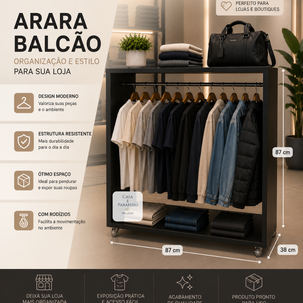 Balcão Com Rodizio Arara Central Cabideiro De Roupa- 87