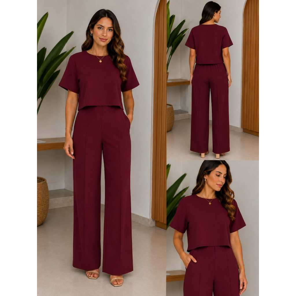 Conjunto Alfaiataria Linho Feminino 2 Peças Blusa Manga Curta e Calça Pantalona Elegante Confortável