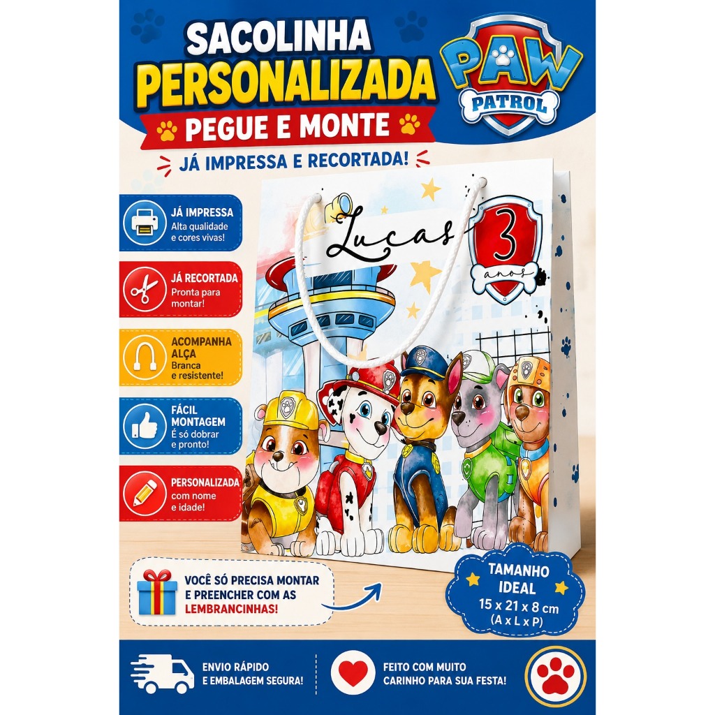 SACOLINHA PATRULHA CANINA Personalizado | Sacolinha | Lembrancinha | Aniversário PATRULHA CANINA PEGUE E MONTE