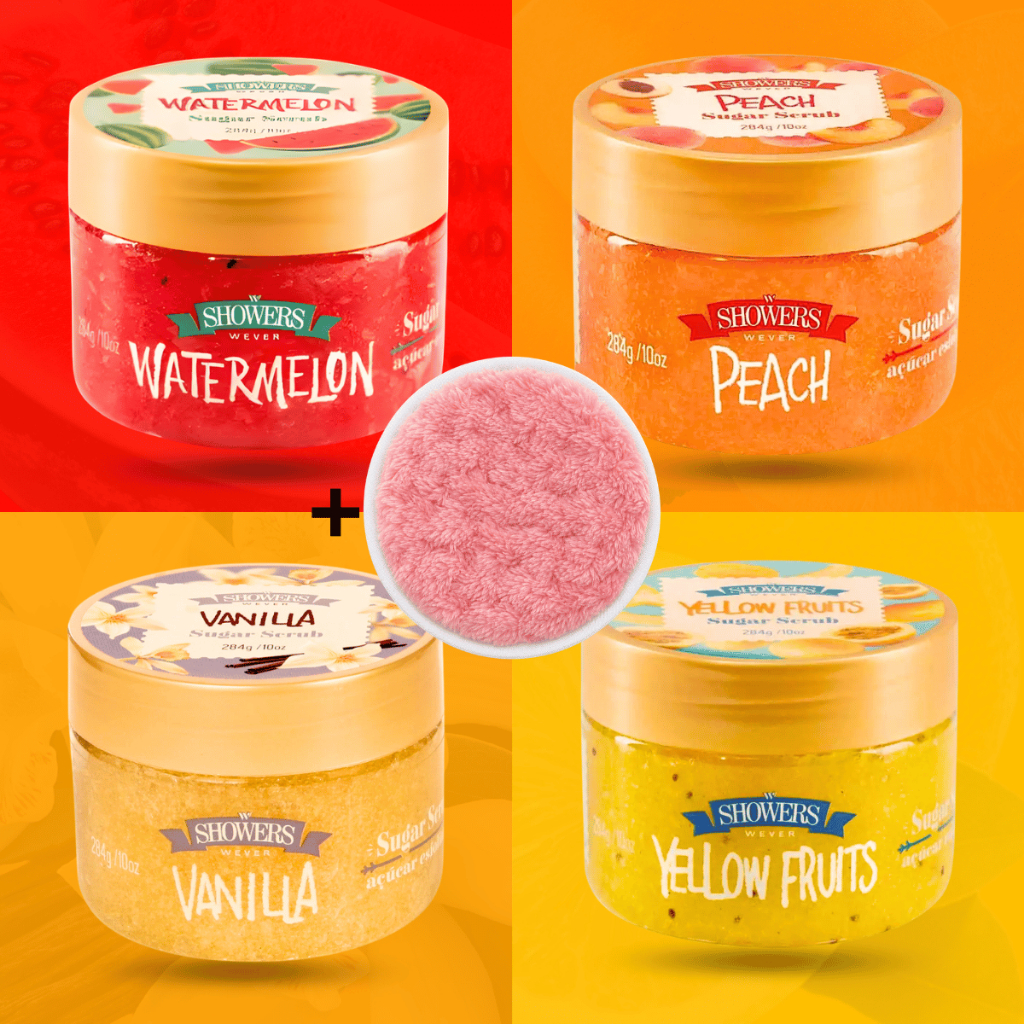 Esfoliante Corporal Sugar Scrub + Esponja Wever Melancia Pêssego Baunilha Hidratante Corpo Rosto