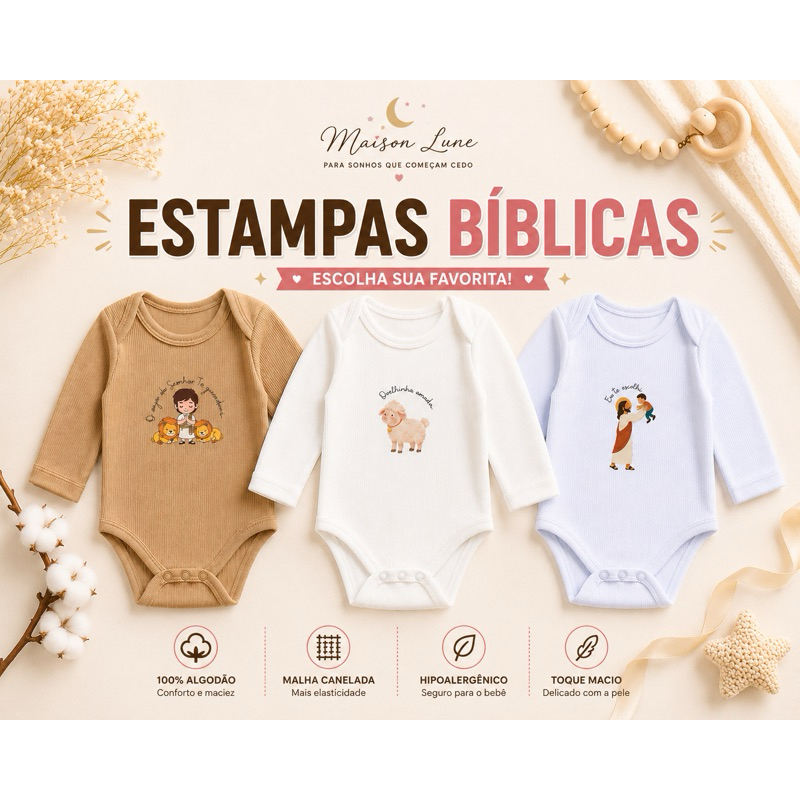 kit 3 body bebê manga longa inverno menino algodão premium estampas bíblicas moda evangélica cristã