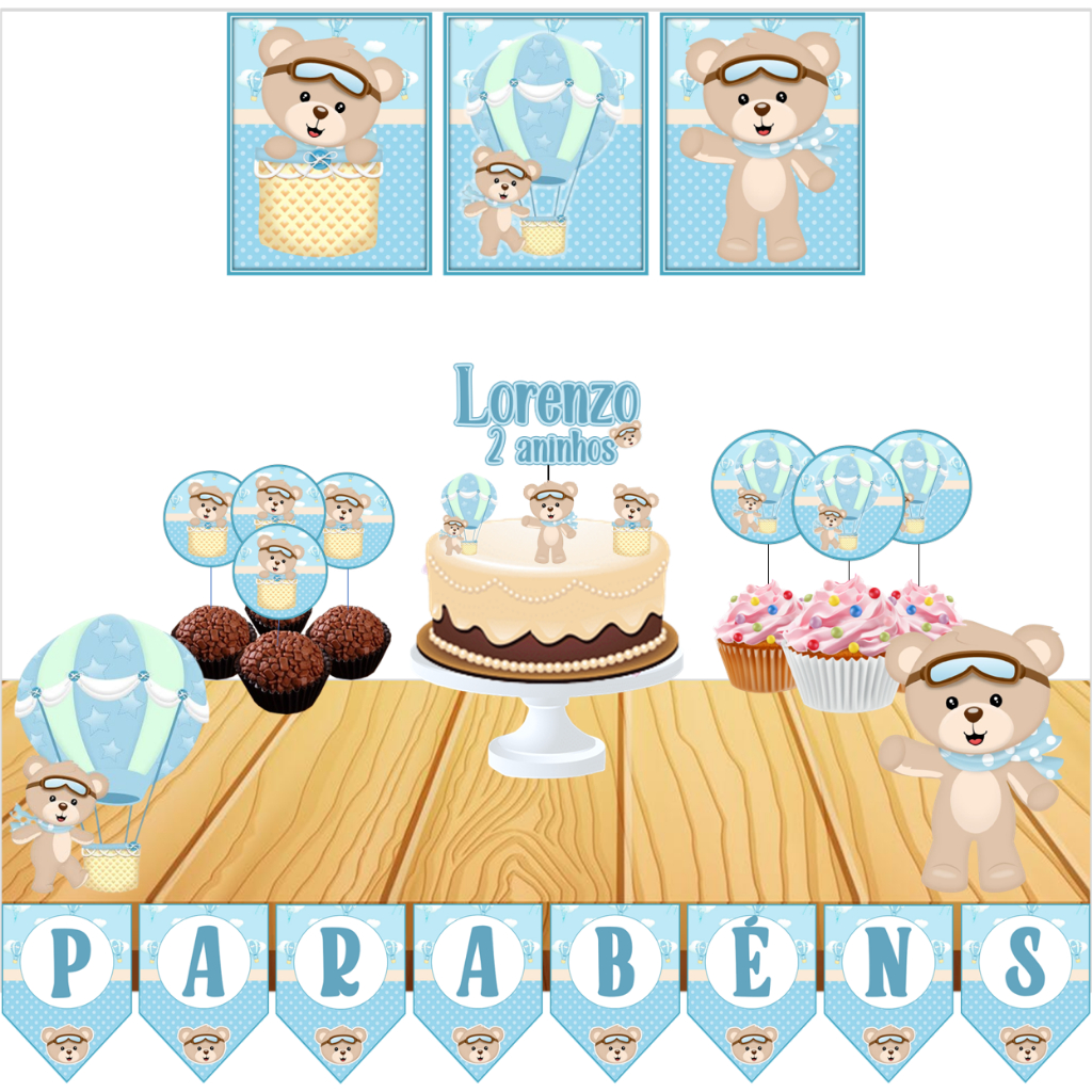 KIT FESTA SÓ UM BOLINHO URSINHO BALOEIRO PERSONALIZADO COMPLETO DECORAÇÃO FESTA INFANTIL TOPO DE BOLO E TAGS