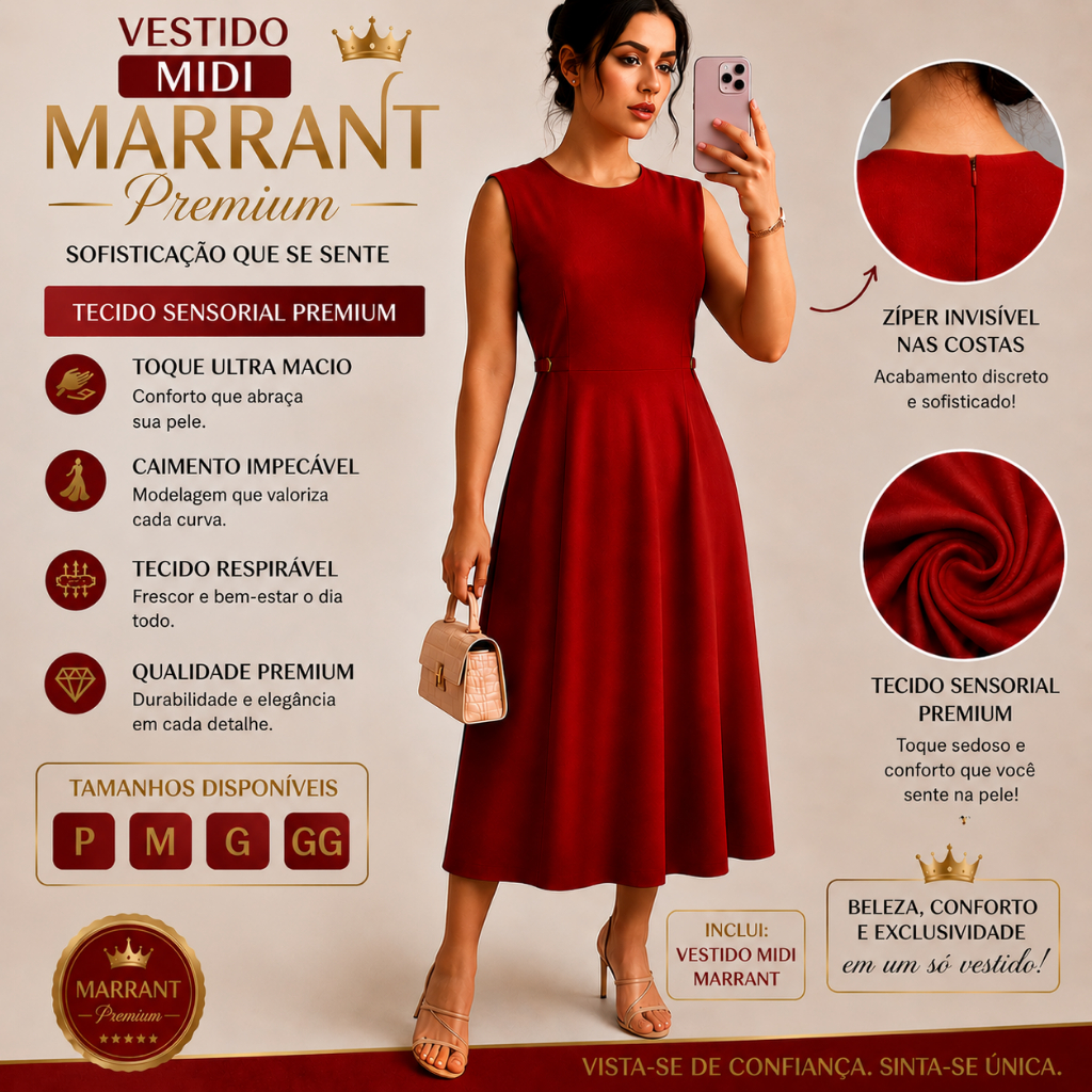 Vestido Feminino Midi Tecido Sensorial Marrant Premium  Zíper Invisível nas Costas Tamanho M , G ,GG