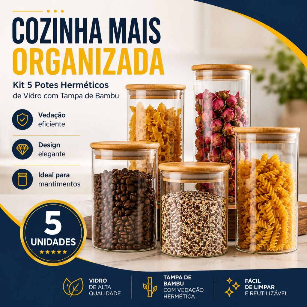 Kit 5 Porta Mantimentos Herméticos de Vidro Tampa Bambu com Vedação Grãos Temperos Organização