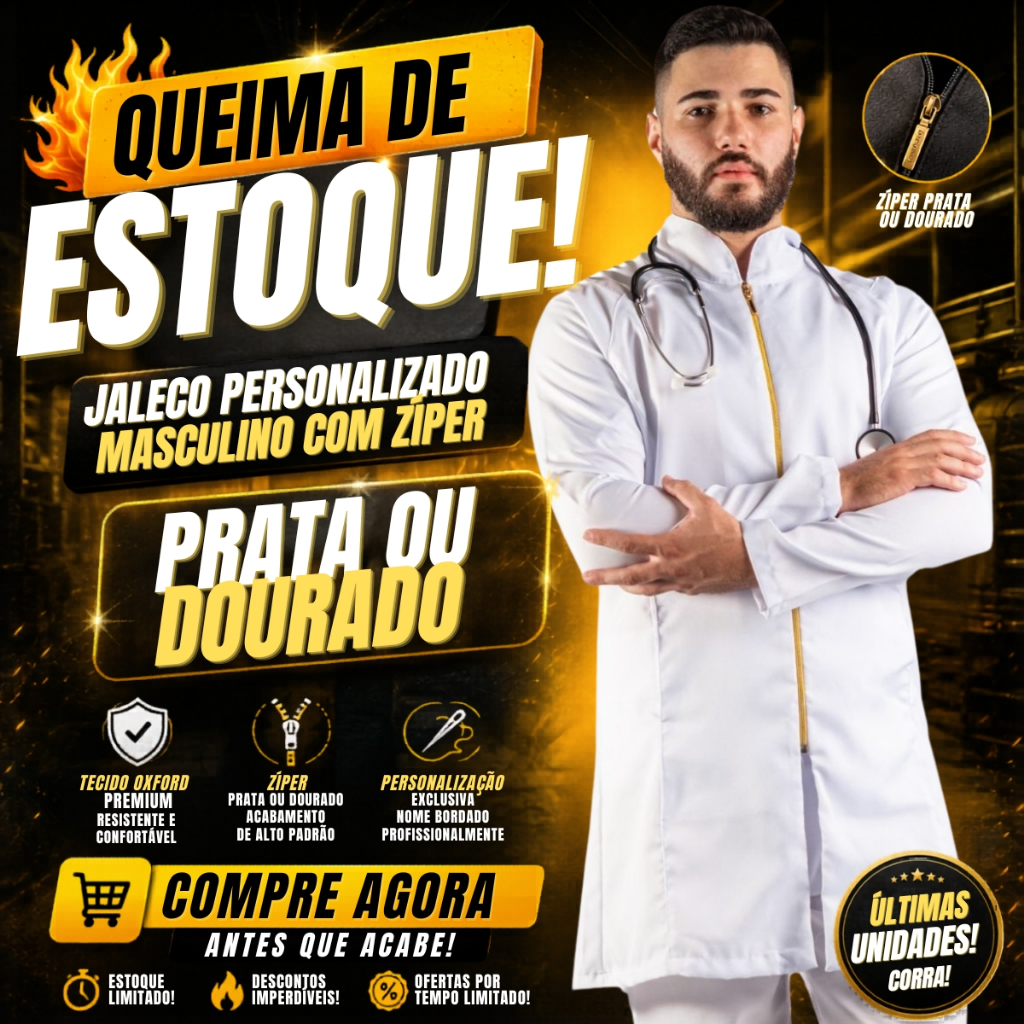 Jaleco Personalizado Masculino Com Zíper PRATA OU DOURADO Em Oxford