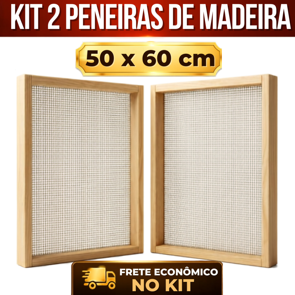 KIT 2 PENEIRAS DE MADEIRA 50x60 REFORÇADAS COM TELA DE AÇO | ECONOMIZE NO FRETE | CONSTRUÇÃO, AREIA, AGRO, CAFÉ, GRÃOS