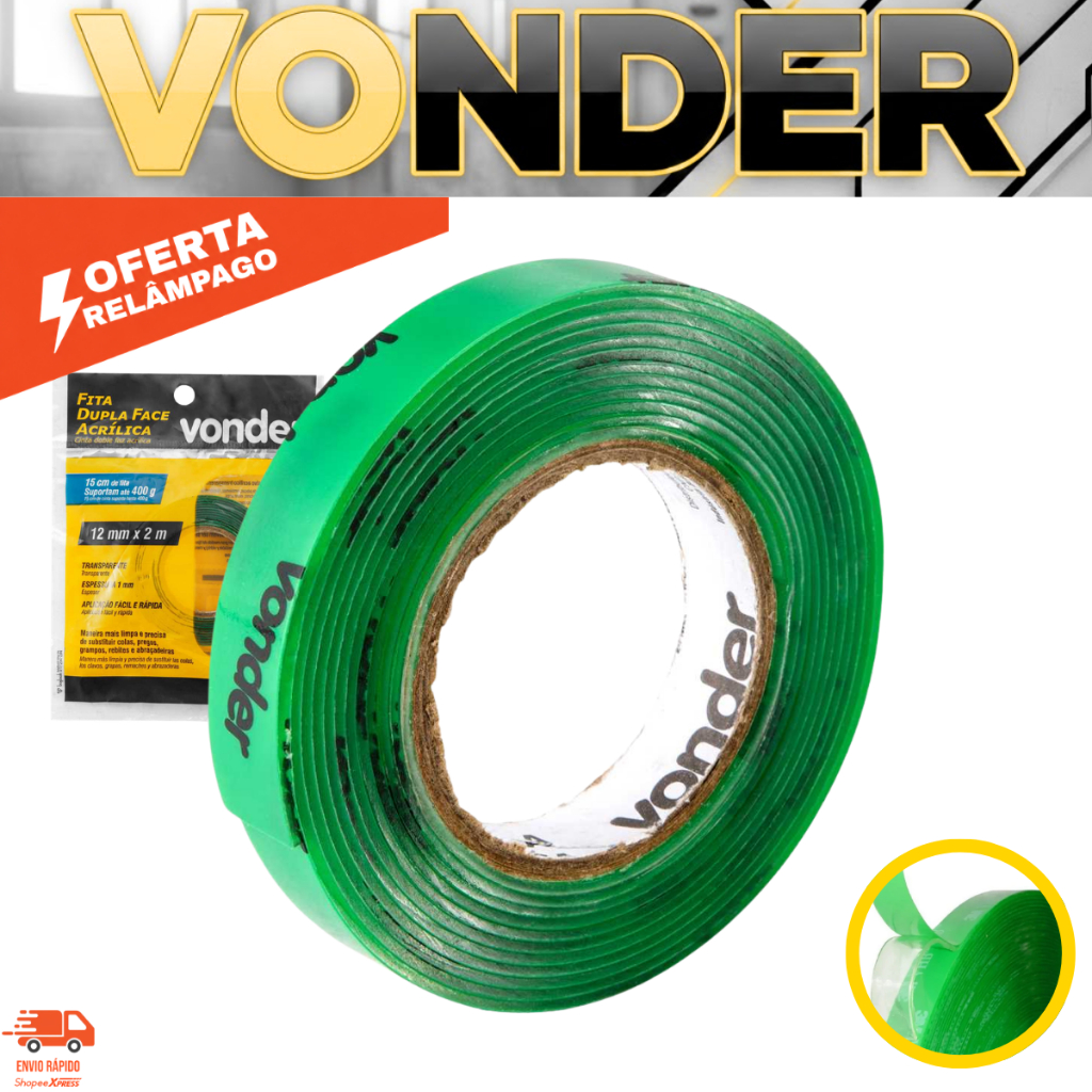 Fita Dupla Face 12mm x 2 Metros Vonder Acrílica Transparente 12mm Resistentee
