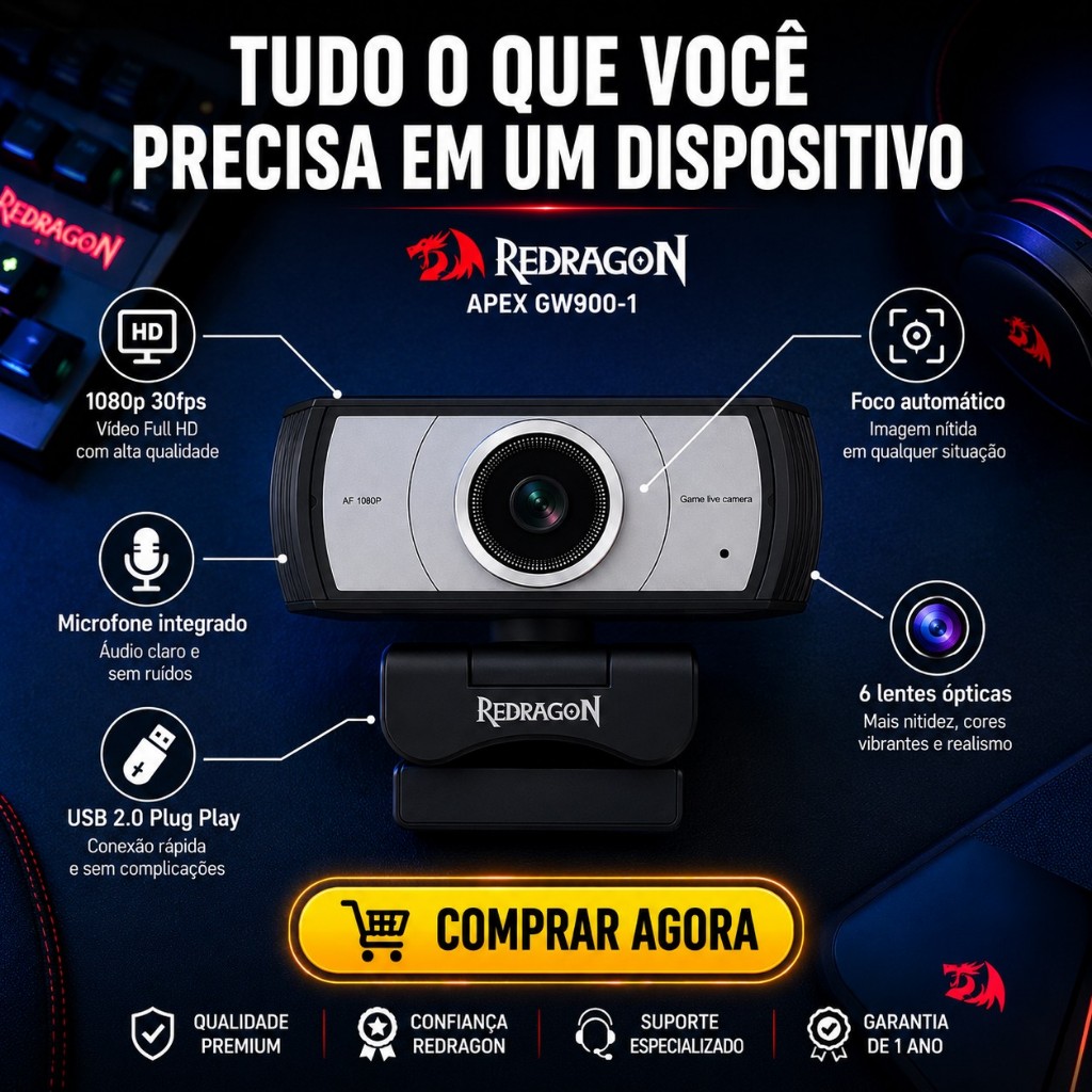 Webcam 1080p Redragon Apex GW900-1 Incrível USB Streaming Premium Design Elegante Alto Desempenho