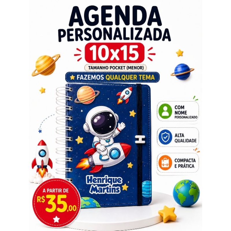 Agenda Infantil Personalizada com Nome | Permanente (Serve/qualquer ano)Capa dura tam 10x15 c/ elástico, ano 2026/2027