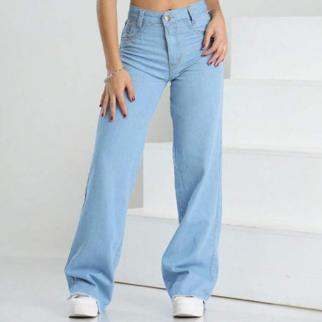 Calça Infantil Jeans Menina Modelo Wide Leg Cintura Alta 100% Algodão Lavagem Clara