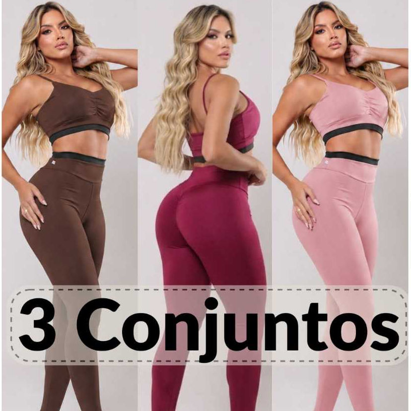 Kit 3 Conjuntos Fitness Feminino Top e Legging Suplex Cintura Alta Academia Treino Zero Transparência