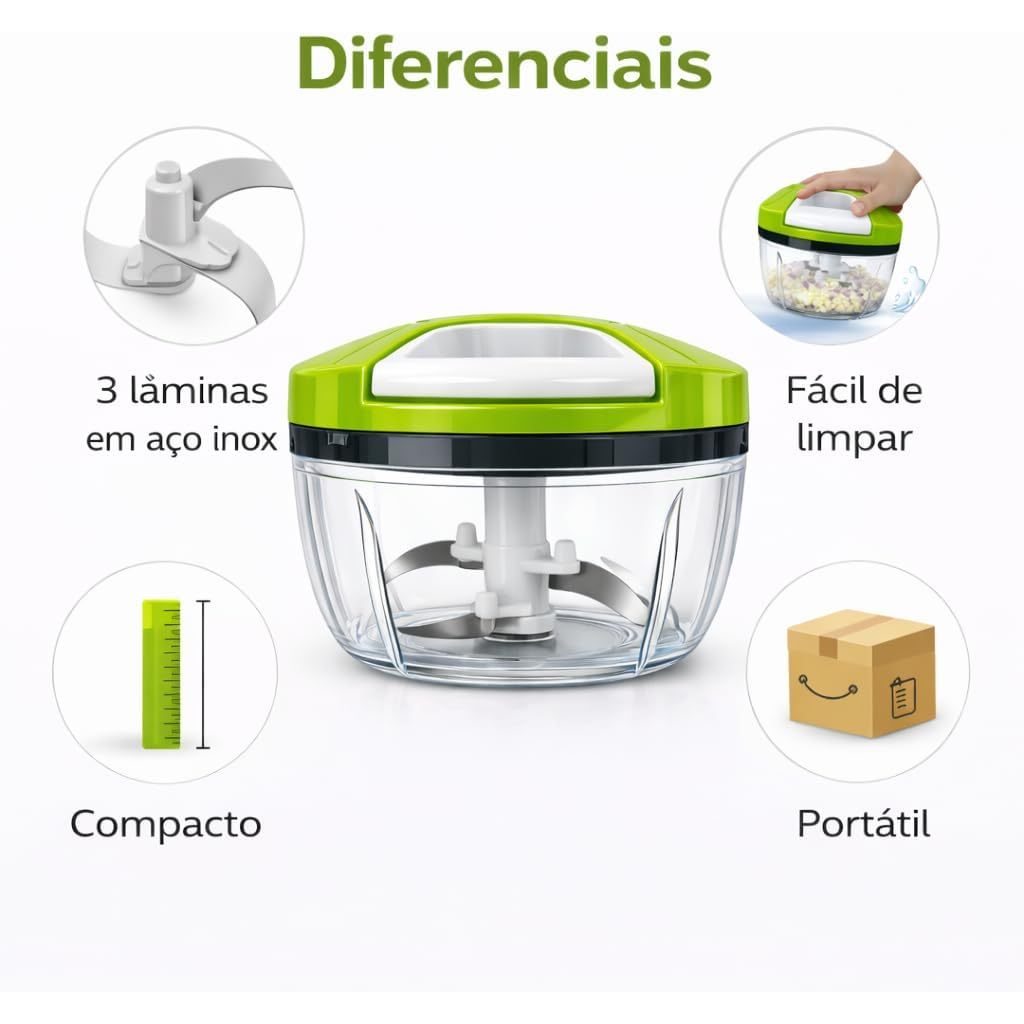 Mini Processador Manual 500ml com 3 Lâminas em Aço Inoxidável Triturador Portátil para Legumes Temperos Alimentos e Cozi