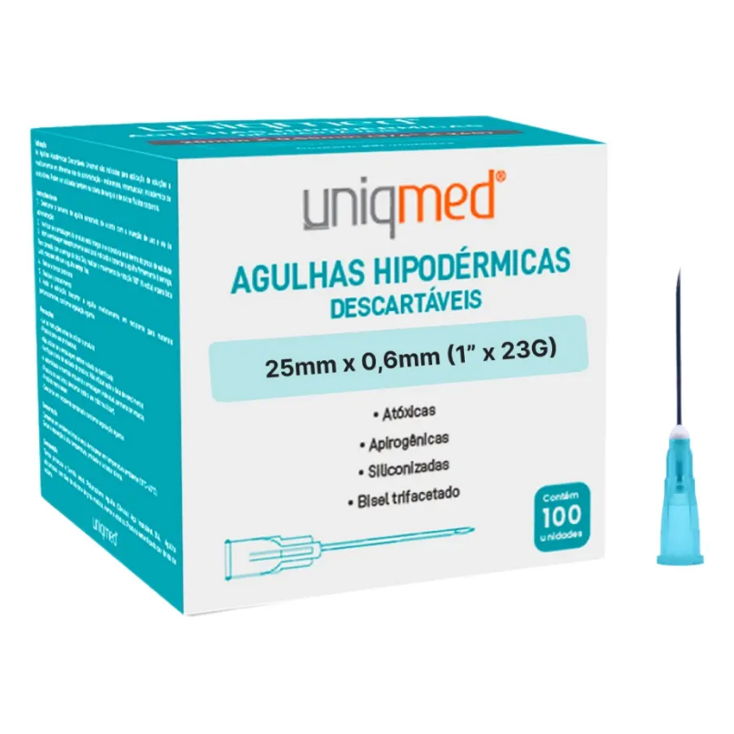 Agulha Hipodermica 23g 25x0,60mm Azul Uniqmed 100 Unidades