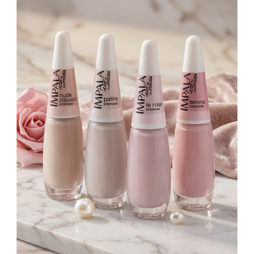 Kit 4 Esmaltes Impala Nudes e Rosados Delicados Nude Clássico Patins Serena Le Rose