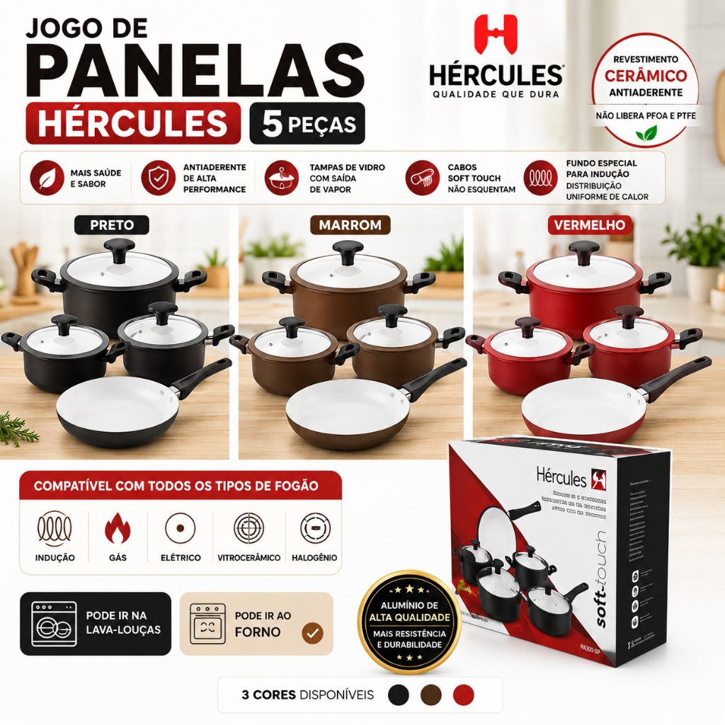 Conjunto Jogo Panela 5 Peças Para Fogão Indução Á Gás Cerâmico Marrom Cozinha Antiaderente Hercules
