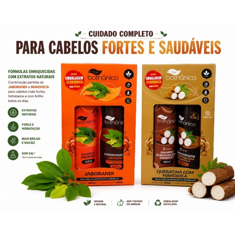 Kit Shampoo + Condicionador  Jaborandi e Queratina com Mandioca 400ml cada | Hidratação, Força e Brilho para os Cabelos