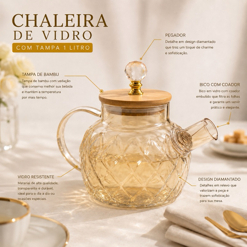 chaleira Bule de Vidro Âmbar para Chá e Sucos com Tampa de Bambu Luxo Elegante Decorativa 1L Cristal Vintage