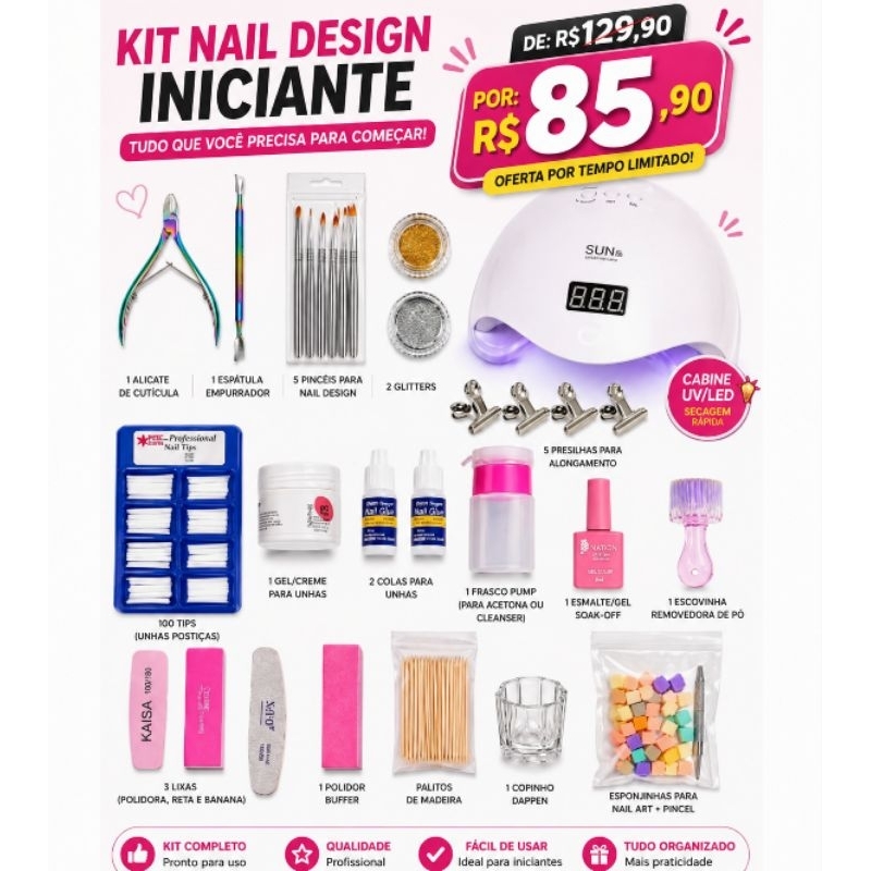 Kit Nail Design Iniciante Completo com Cabine UV/LED + 20+ Itens Profissional para Unhas em Gel