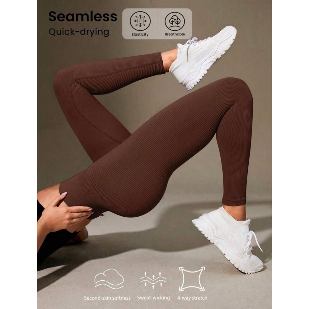 Calça Legging Canelada de Cintura Alta Sem Costura para Academia Feminina, Elástica e Fitness