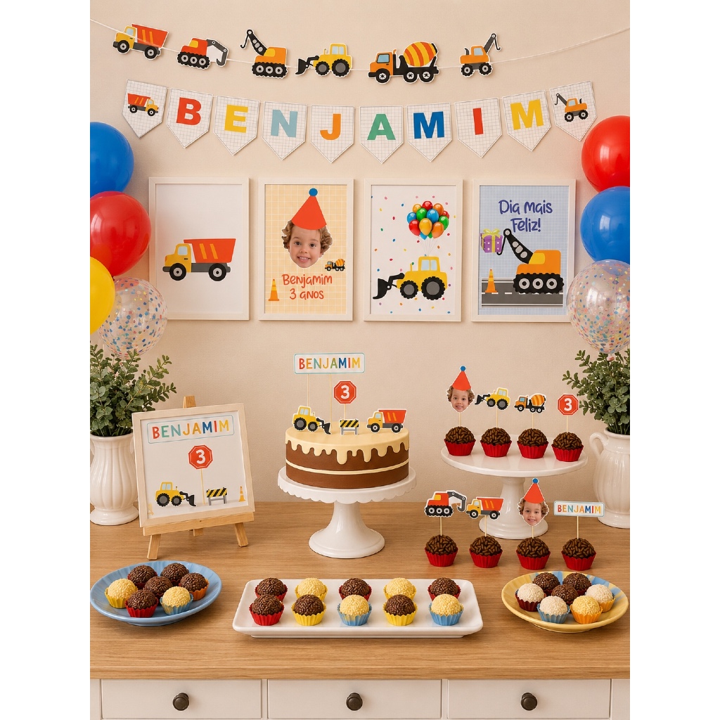 Kit festa casa - Só um bolinho - Tema MEIOS DE TRANSPORTE - CAMINHÃO TRATOR BETONEIRA Decoração de festa ♡
