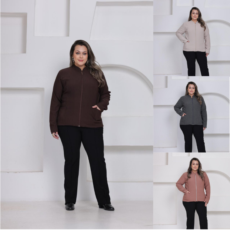 Jaqueta Bomber Feminina Plus Size Com Zíper E Bolsos Lisa Casual Confortável