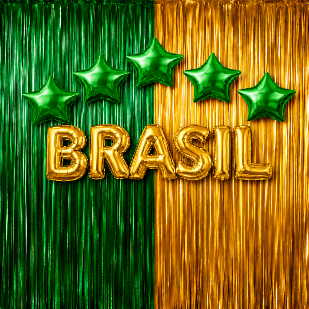 Kit Decoração Copa do Brasil, c/ 2 cortinas, 1 Palavra Brasil, 5 Balões estrela, rumo ao hexa copa do mundo