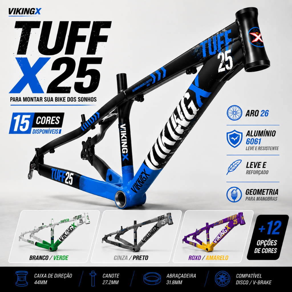 QUADRO VIKINGX TUFF X25 ARO 26 ALUMÍNIO FREERIDE GRAU STREET REBEL GIOS BRUTUS HUPI