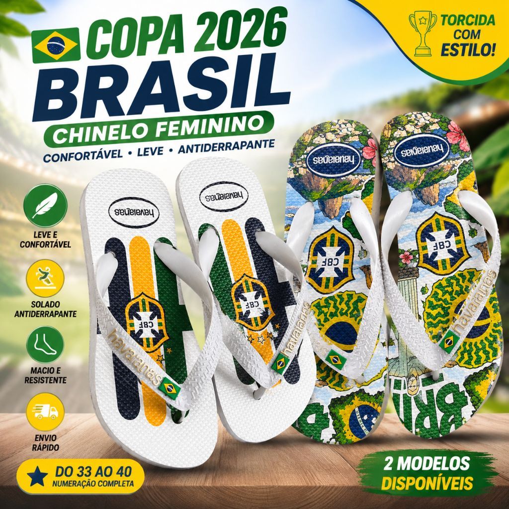 Chinelo Feminino Brasil Copa 2026 Confortável Leve Antiderrapante