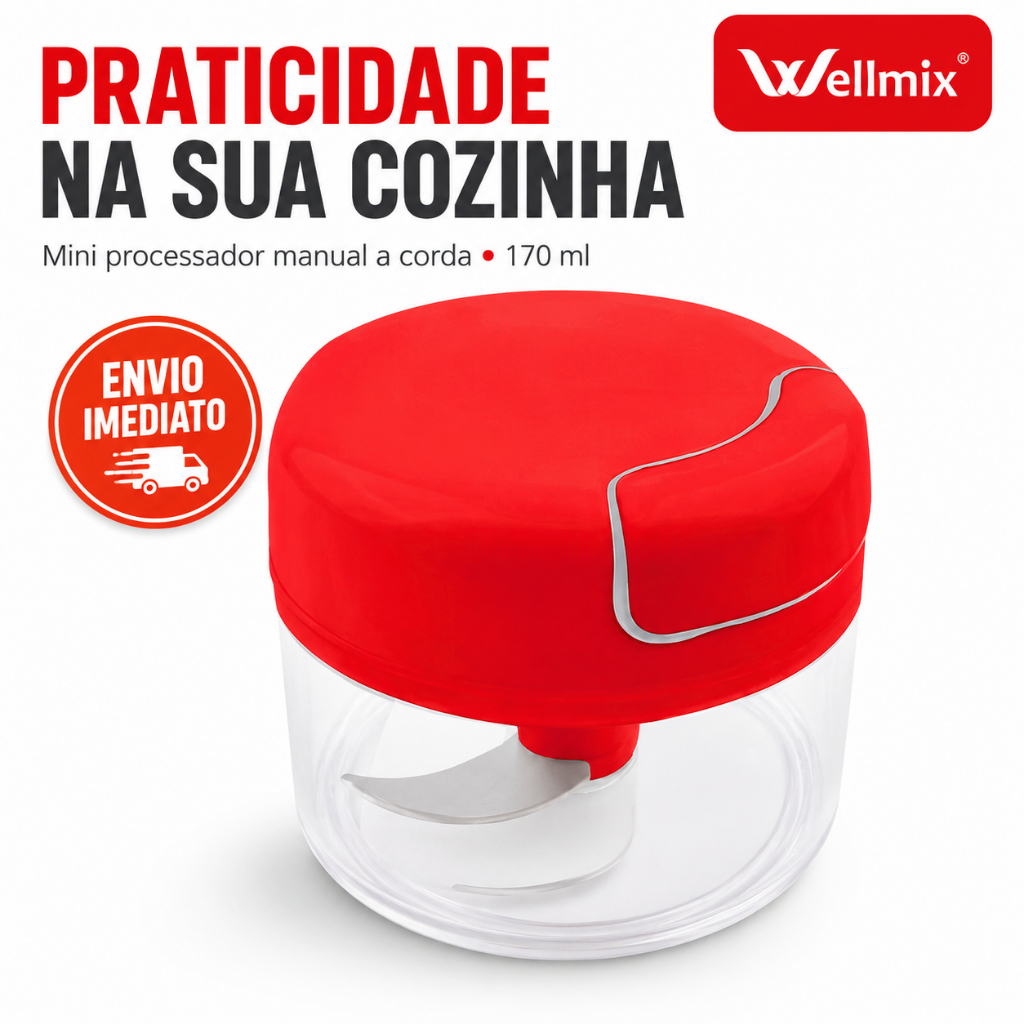 Processador De Alimentos Manual Wellmix 170ml A Corda 2 Lâminas Inox Mini Triturador Alho Cebola Temperos Cozinha