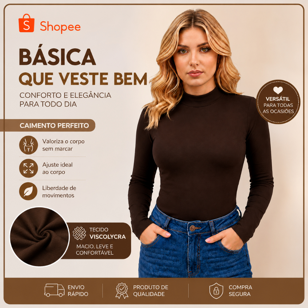 Blusa Manga Longa Viscolycra Tecido Macio e Confortavel Ajuste ao Corpo