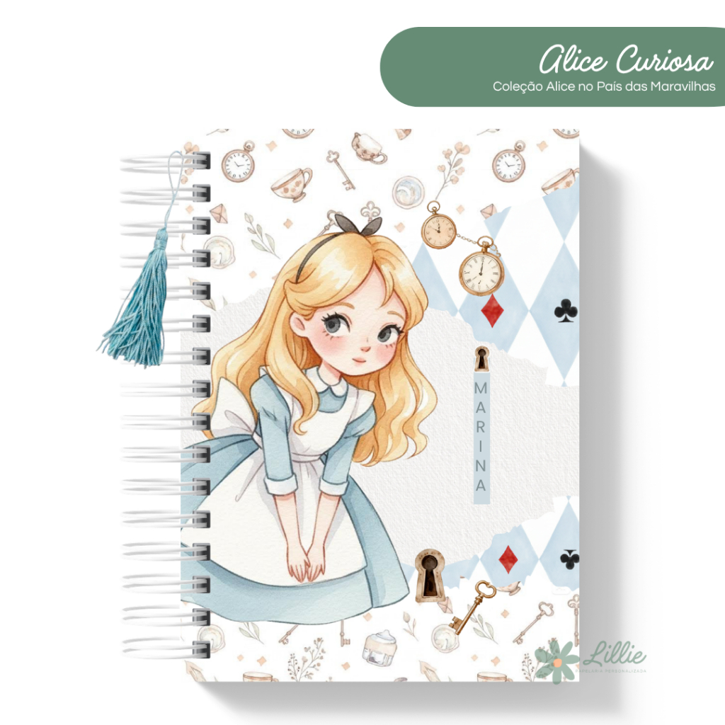 Caderno Personalizado Alice no País da Fantasia Capa Dura A6 A5 e Universitário | Papelaria Fofa
