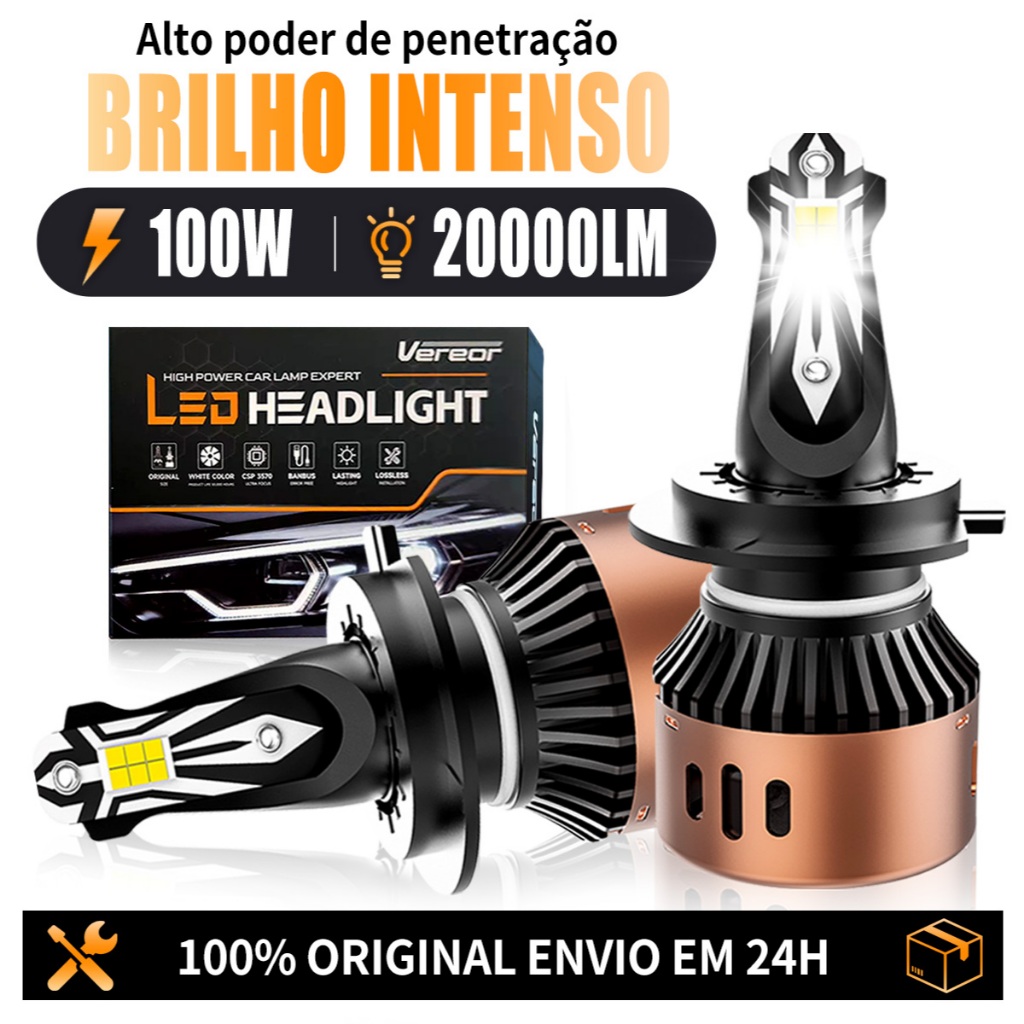 Par de Lâmpada LED R11 100W 20000LM Branco Alto Brilho para H1/H3/H4/H7/H11/9005/9006 Vida Longa e Estável
