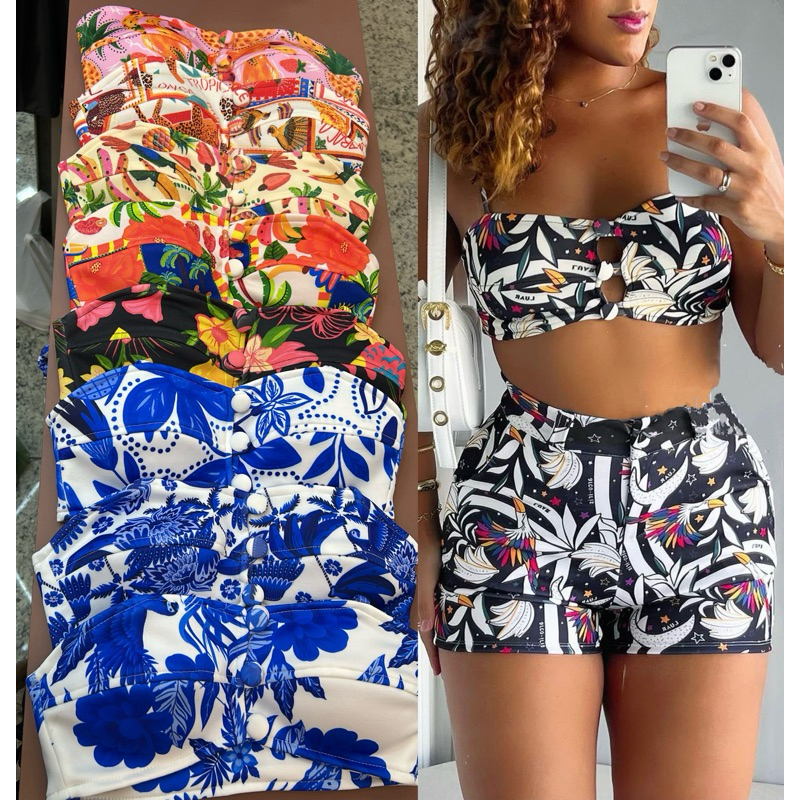 Cropped botão estampado, botão forrado com bojo todo embutido