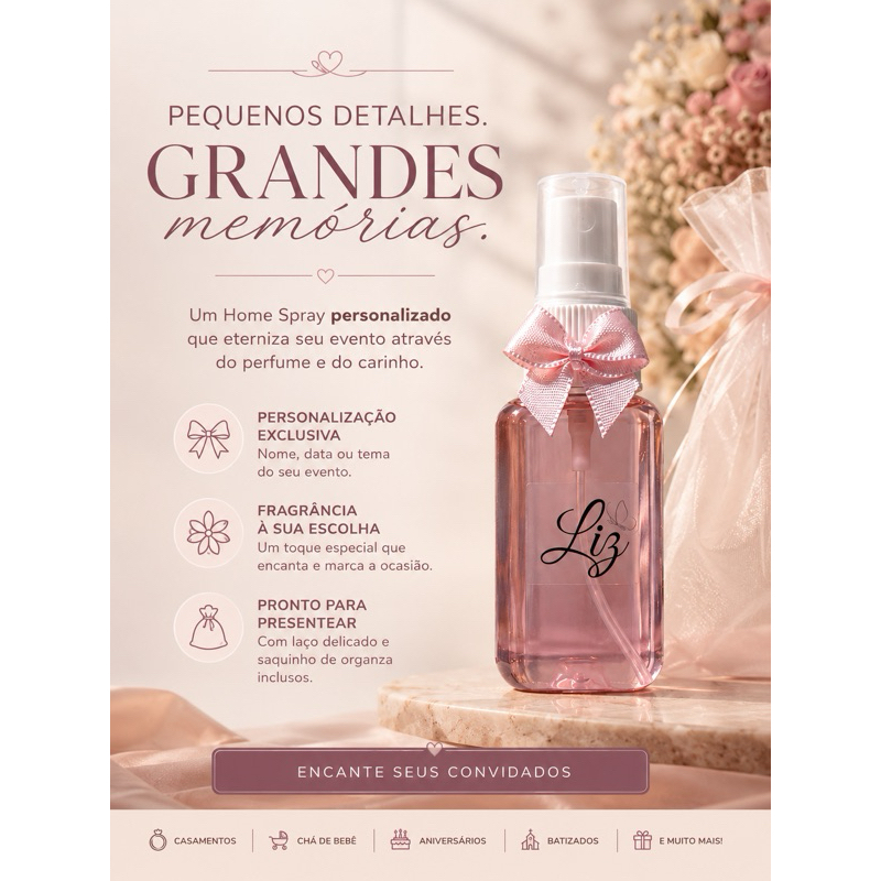 HOME SPRAY PERSONALIZADO 40ML – LEMBRANCINHA PARA CASAMENTO, CHÁ DE BEBÊ, MATERNIDADE, ANIVERSÁRIO E EVENTOS