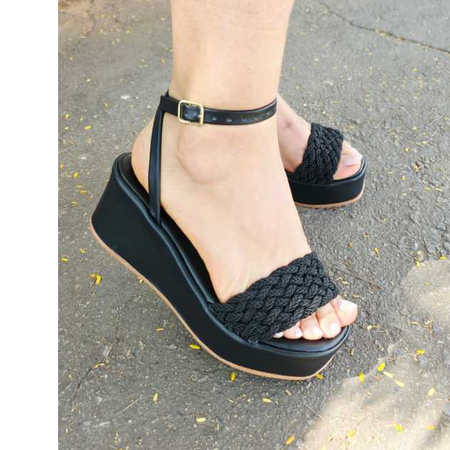 Sandália Feminina Confortável Salto Alto Anabela Plataforma Flat Feminino Pala Croche