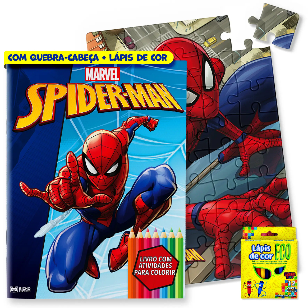 Kit Diversão Livro de Colorir Marvel Homem Aranha + Quebra-Cabeça e Lápis de Cor