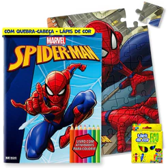 Kit Diversão Livro de Colorir Marvel Homem Aranha + Quebra-Cabeça e Lápis de Cor