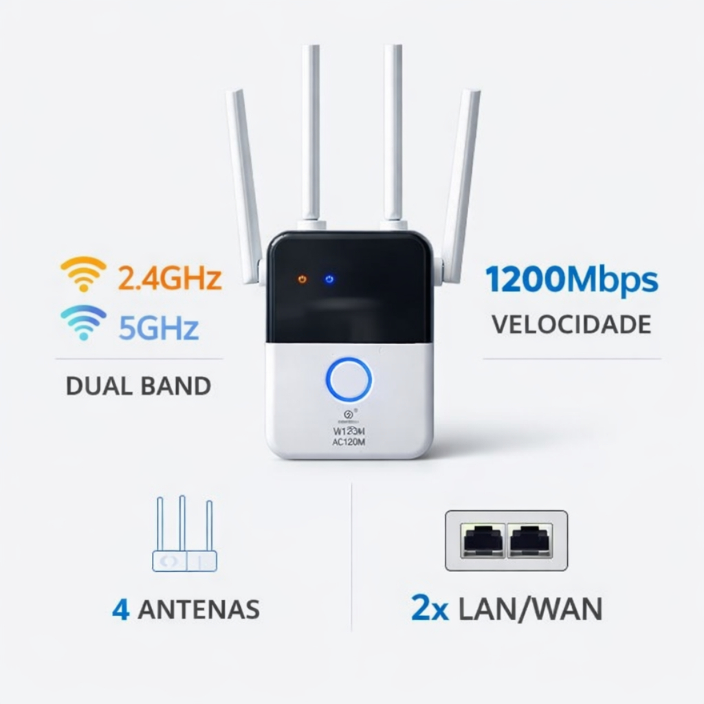 Repetidor de Sinal WiFi AC1200 Dual Band 2.4GHz e 5GHz 4 Antenas Amplificador de Internet com Porta Ethernet